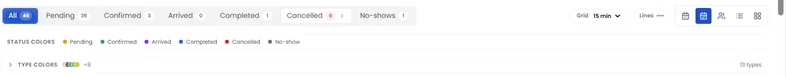 The real appointments toolbar: status tabs for All, Pending, Confirmed, Arrived, Completed, Cancelled and No-shows; a status color legend; appointment type colors; a grid interval control; and five calendar view toggles.