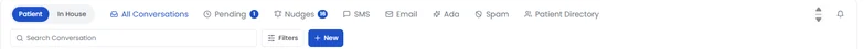 The real inbox toolbar: a Patient and In House toggle, then tabs for All Conversations, Pending, Nudges, SMS, Email, Ada, Spam and Patient Directory, with conversation search, filters and a New button.
